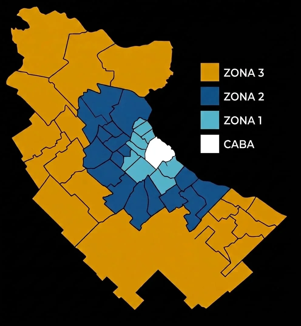 Mapa de cobertura de PRACMA Logística en CABA y AMBA dividido en zonas 1, 2 y 3